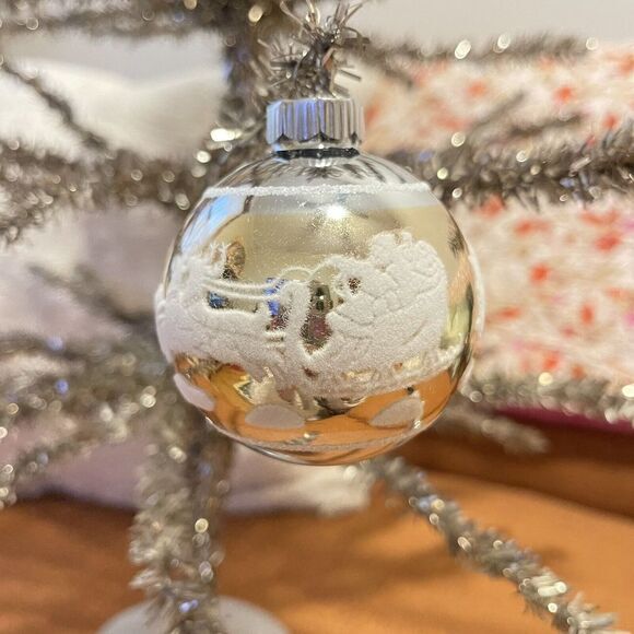 3" Radko Shiny Brite Stenciled Flocked‎ Ornament Santa Sleigh Ride Reindeer Gold - Picture 1 of 5
